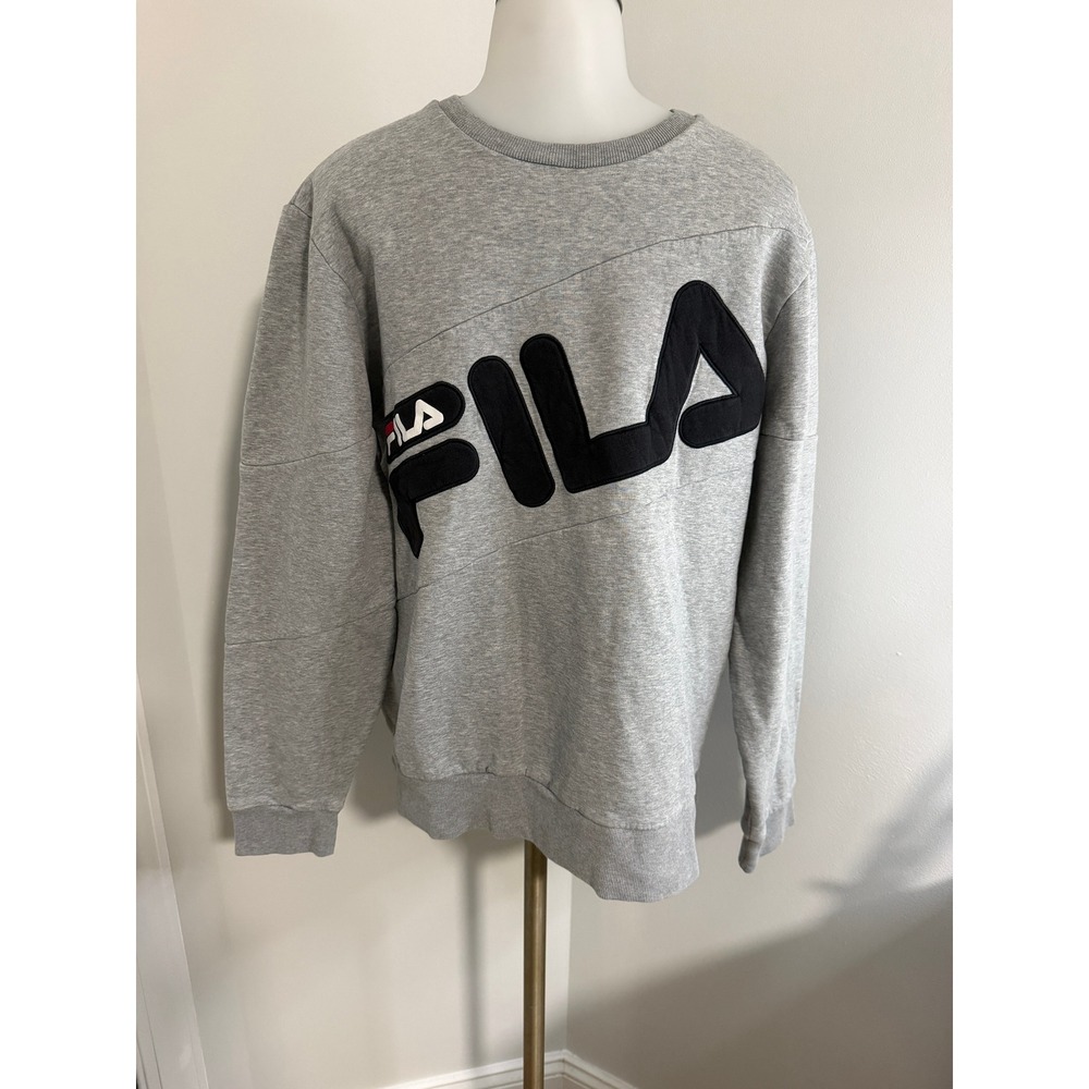 Fila Womens Gray Crewneck Sweatshirt Large Chenille Logo Pullover Fleece Medium